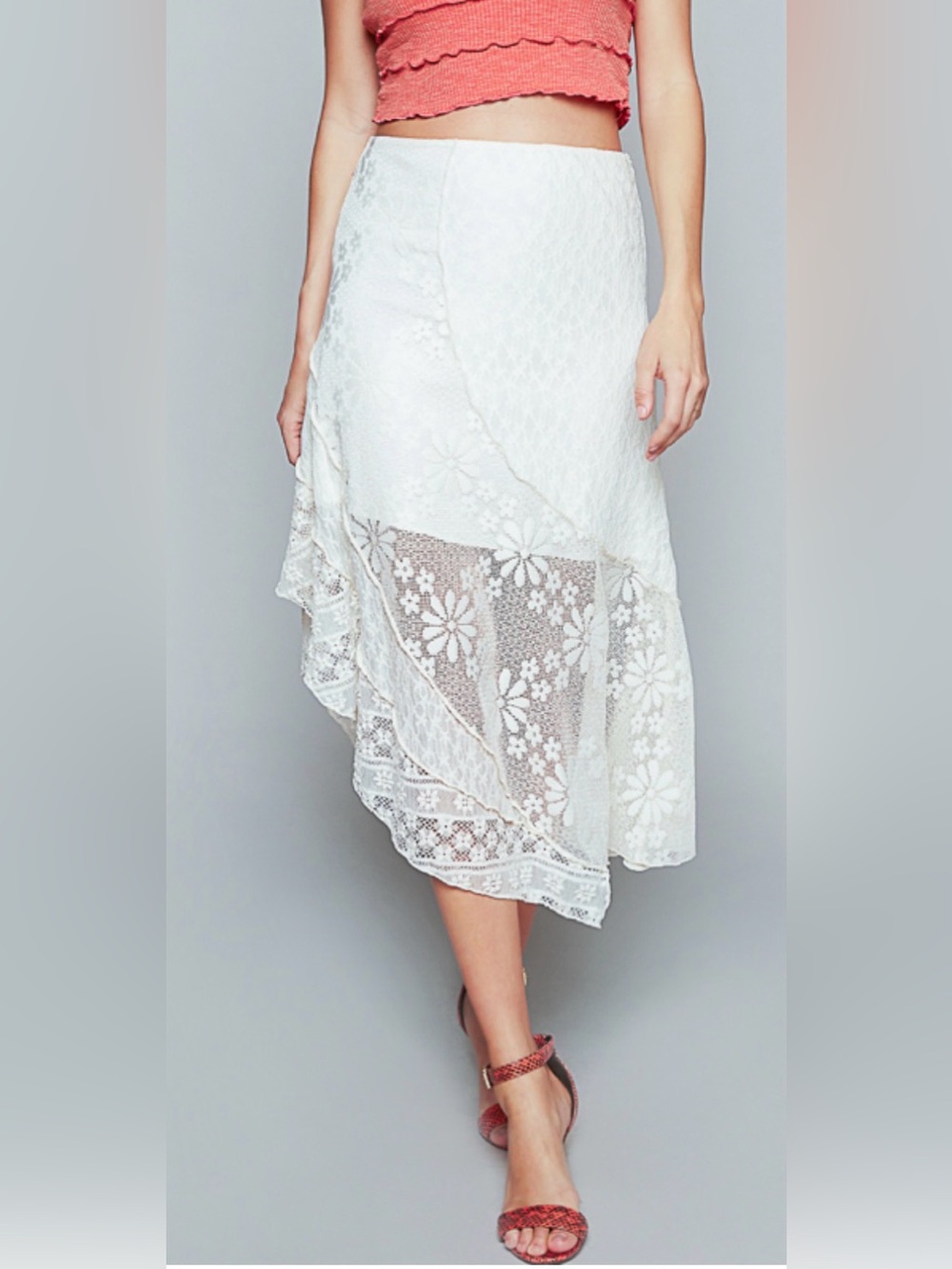 POL Elegant White Lace Asymmetric Midi Skirt
